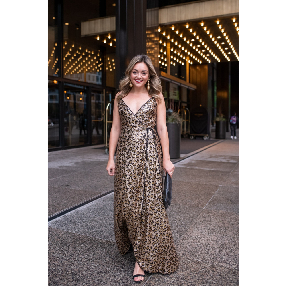 Aidan AIDAN MATTOX Leopard Sequin Wrap Dress Gown $285 - Size 0 / XS - Picture 13 of 14